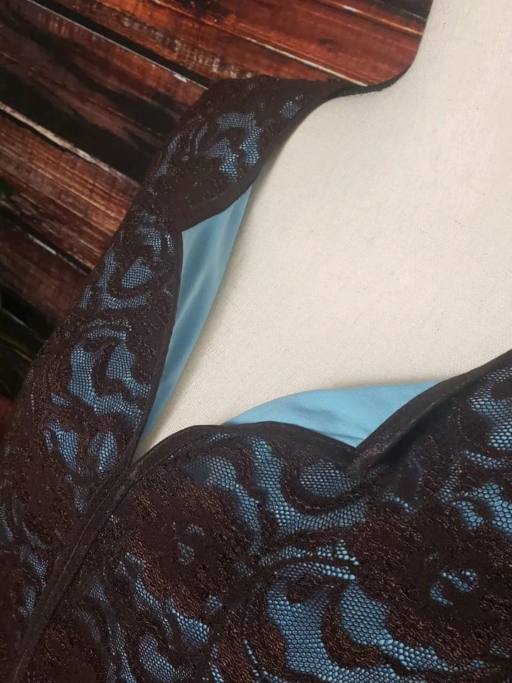 Camisa Tribal Grande Encaje Superpuesto Marrón Sin Mangas Blusa Top Forro Azul Claro Foto 3 de 4