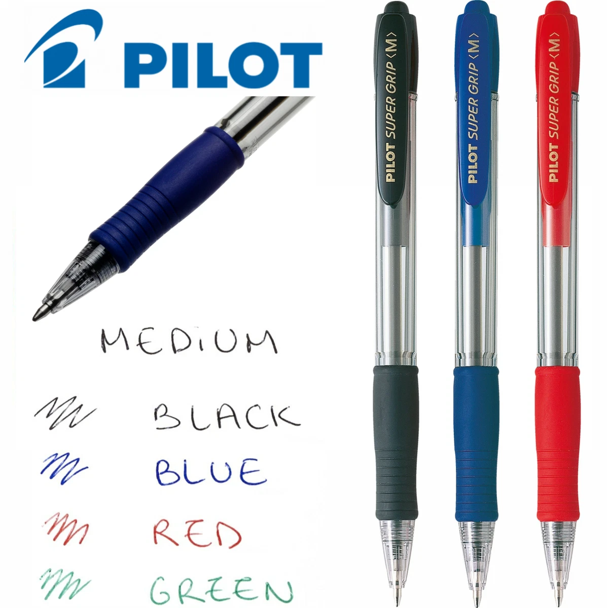 Pilot Super Grip Retractable Ballpoint Pen Medium Tip 1.0mm Black Blue Red