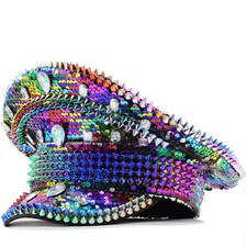 Womens Sequins Rhinestones Captain Hat Festival Party Disco Performance Cap