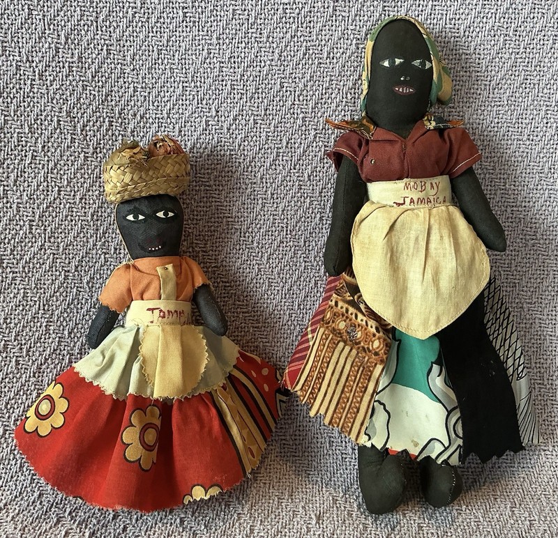 TWO Caribbean JAMAICAN Ethnic Vintage Handmade SOUVENIR FOLK DOLLS 9 And 11 1/2”