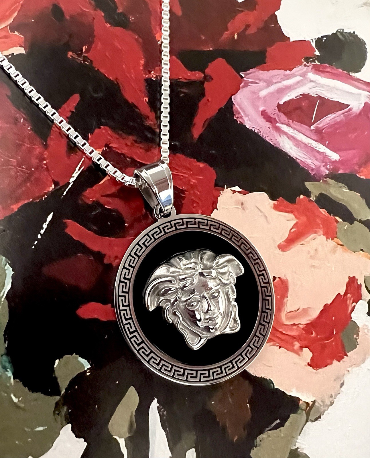 Versace Medusa Medallion Pendant Necklace Silver Tone Pre-Owned