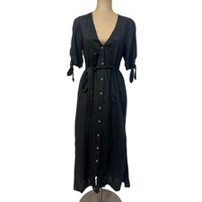 Reformation Midi Dress Black Linen Button Front V-neck Belted Short Sleeve Small