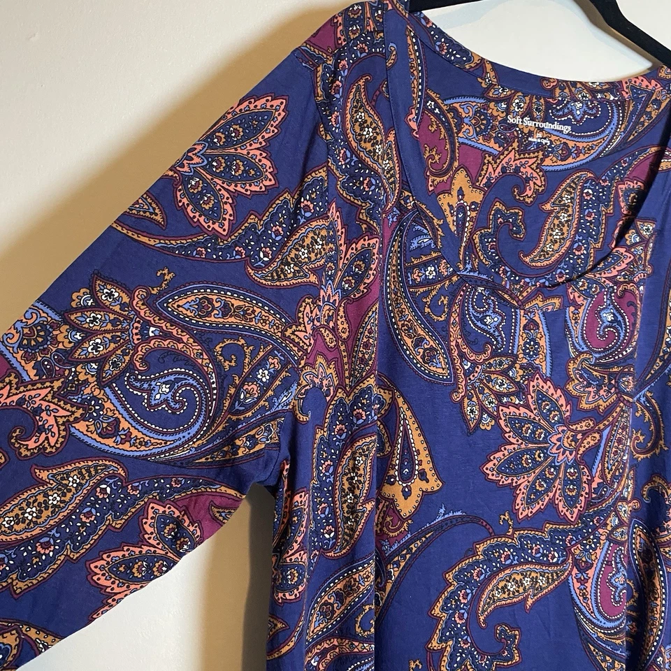 Vestido maxi de malha Soft Surroundings azul marinho estampa paisley manga 3/4 Jersey 2X - Imagem 3 de 4