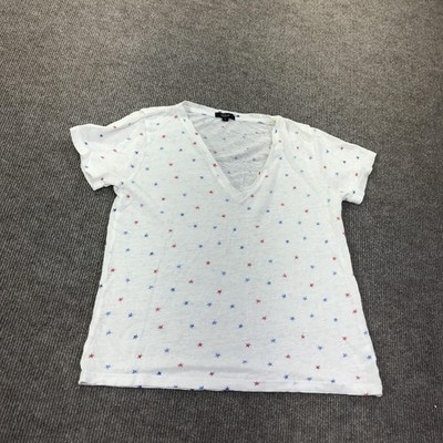 Rails Shirt Womens Small Petite White Star Print V Neck Linen Short Sleeve Tee
