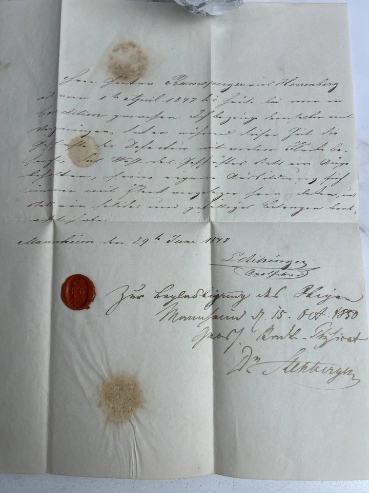 1847–1850 German Official Document • Mannheim Kurrent Script W/ Wax Seal Antique - Image 3 of 4