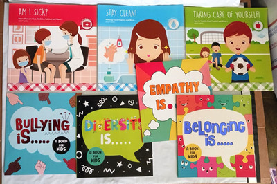 Books. Self care and help for kids. 7 books. Stay clean, Am I sick? Belonging +
