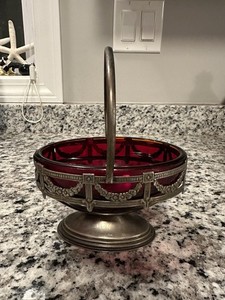 VTG Victorian Ruby Red Glass Dish Bride’s Basket In Silver
