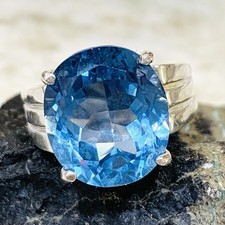 VTG 16ct Swiss Blue Topaz Ring 925 Sterling Silver Oval Solitaire Sz 10