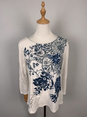 Desigual White Blue Flowers Long Sleeve Lightweight Shirt Blouse Sz L