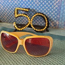 Gold/Beige Rhinestone Oversized Costume Reader Glasses 2.00, 1950s Theme Bin C