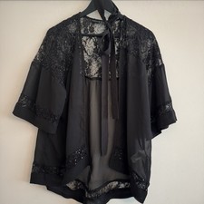 BNWT Size 8-10 Black Chiffon Open Blouse Lace Sequin Belt Short Sleeve Top W3