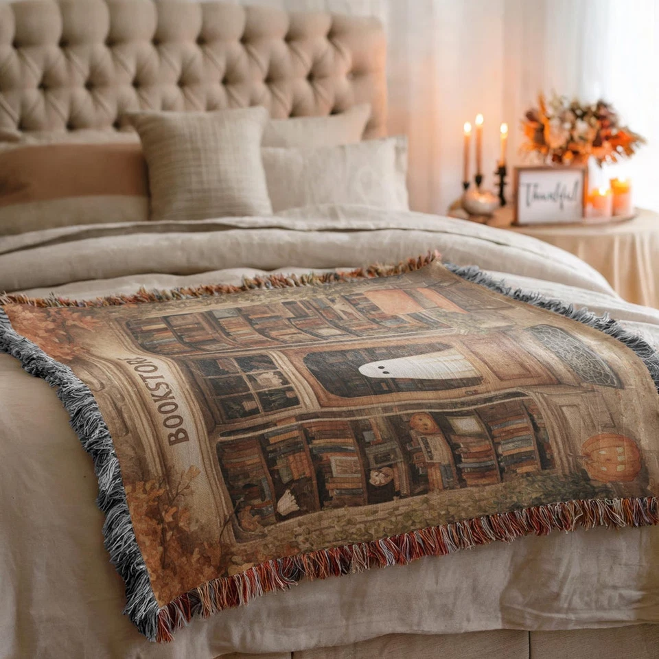 Halloween Ghostly Book Lover Woven Blanket Cozy BookTok Home Decor - Image 3 of 4