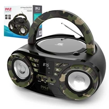 PYLE Camouflage Portable CD Player Boombox Bluetooth 5.0 Stereo Speaker System