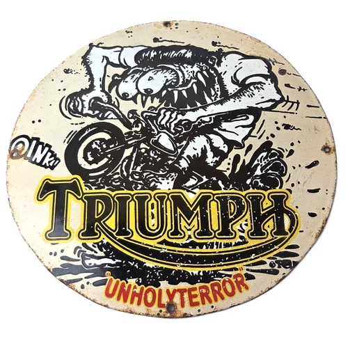 Vintage Triumph Rat Fink Unholy Terror Porcelain Sign - Monster Bike Sign