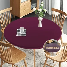 Fitted Round Table Cloth, Reversible Waterproof Stain Resistant Elastic Stret...