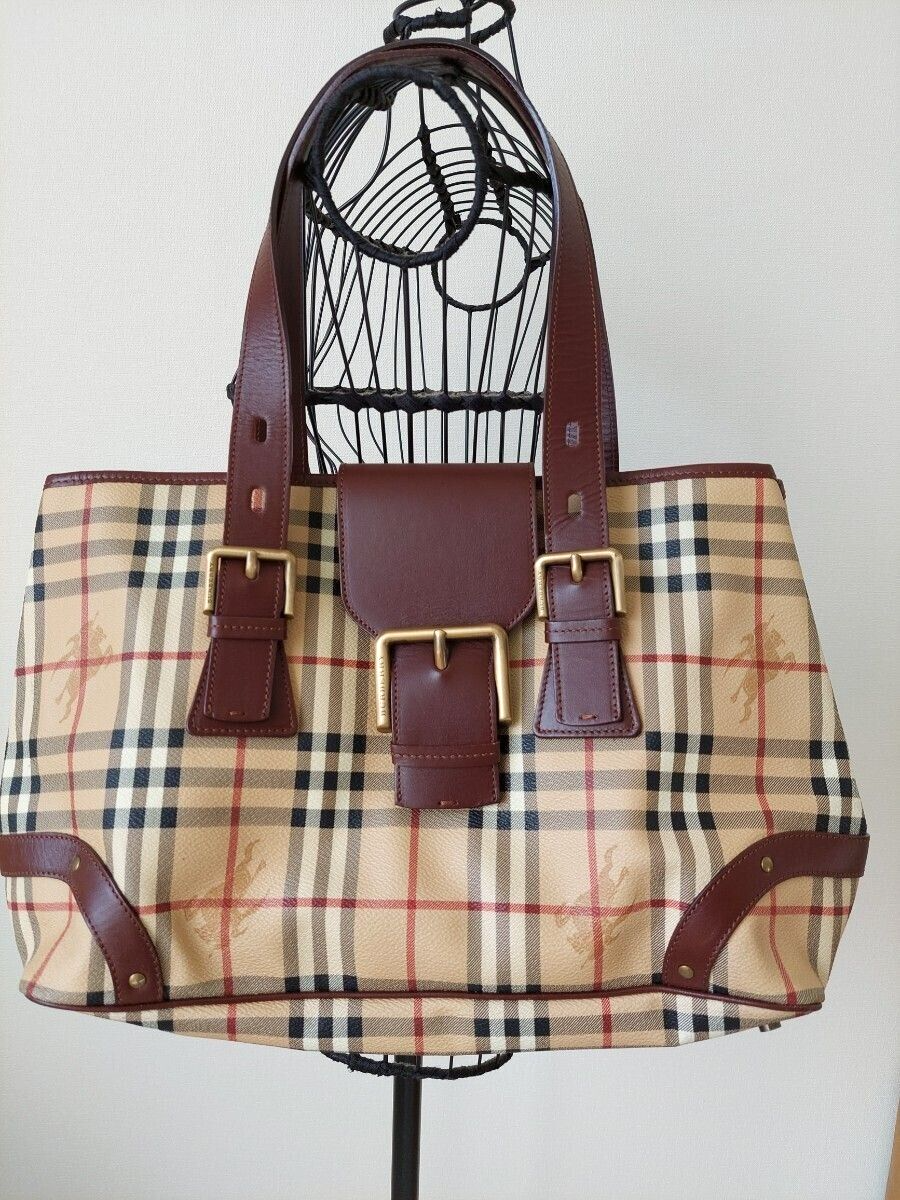 Burberry Bolso de Mano Bolso de Mano Shadow Horse Nova Check PVC Cuero Marrón Beige Vintage