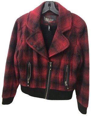 Urban Biker Buffalo David Bitton Large Black Red Plaid Wool Jacket