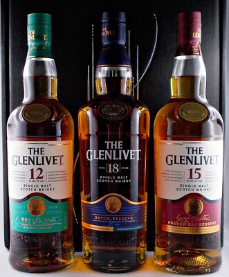 3 Flaschen Glenlivet 12, 15, 18 Jahre Single Malt Whisky Geschenk