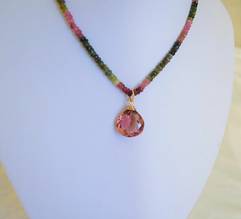 Beautiful Faceted Natural Multi Color Pink Tourmaline Yellow Gold Necklace  - Image 3 of 4