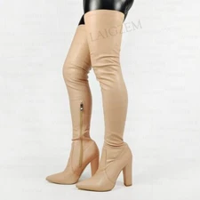 Women Thigh High Boots Side Zip Stretchy Thick Block Heels Boots Over Knee Shoes
