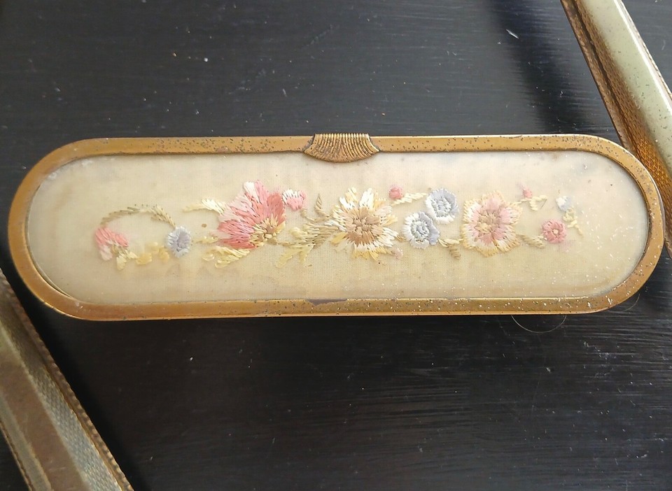 Vintage 3 Piece Ladies Dressing Table Set Embroidered Flower Backs eBay