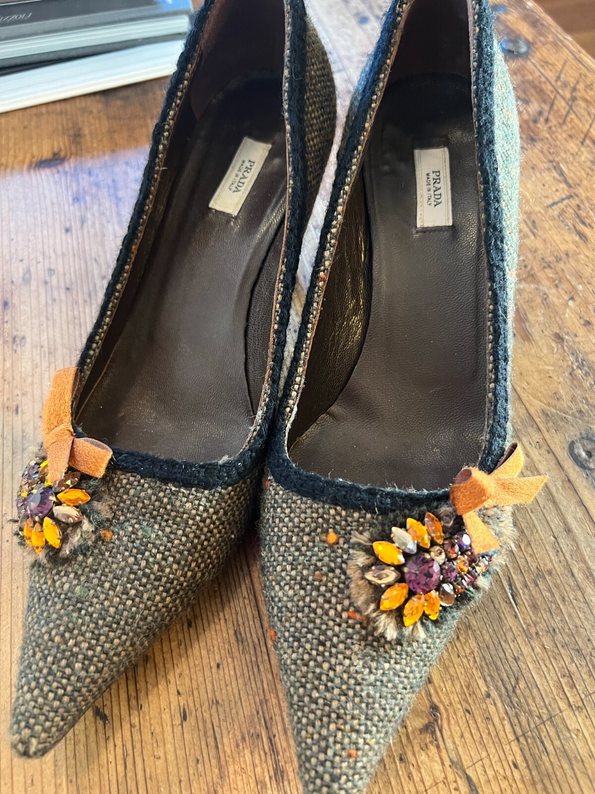 Authentic Prada Tweed Pattern Bow Accent Pumps - … - image 1