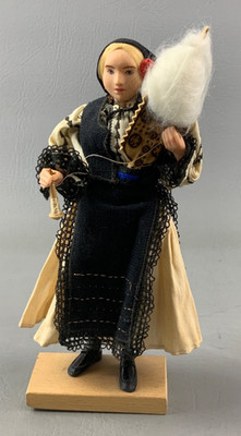 Vintage Romanian Folk Art Doll, Wool Spinning Costume, 1970 s