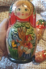 Matryoshka Russian Nesting Doll 5pc HandTurned Painted Red Riding Hood Signed 6"