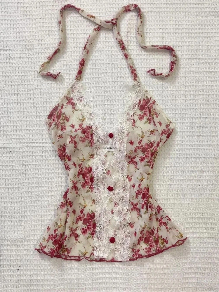 Women Coquette Y2K Aesthetic Cami Top Floral Lace Animal Print Halter Tank XS-XL