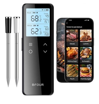 Grillthermometer mit Bluetooth und WLAN, mit 2 Sonden, IP67, Touch, TypeC