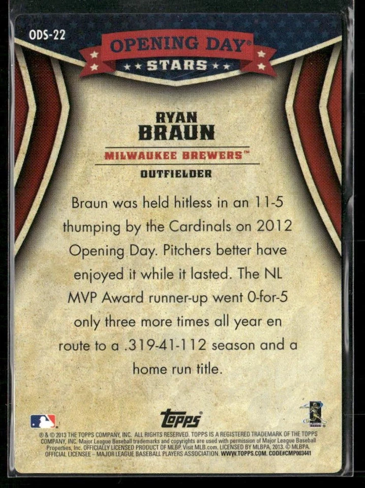 2013 Topps Opening Day Ryan Braun Opening Day Stars #ODS-22 Milwaukee Brewers - Image 2 of 2