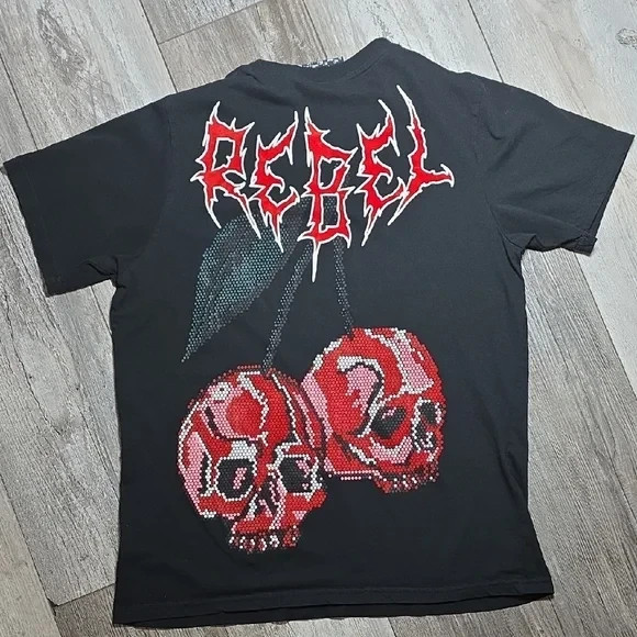 80's Rebel Skull ビンテージ Tシャツ モーターサイクル Rebel Vengeance | Cherry Skull Graphic Tee, Velvet-flocked Details