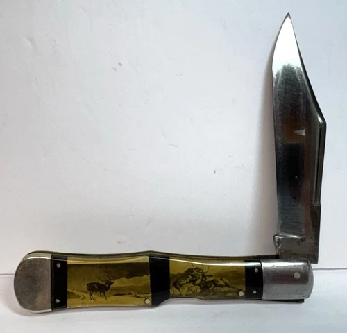 Vintage Coke Bottle Lockback Folding ￼Pocketknife Knives Hunting Scene Elk ￼￼