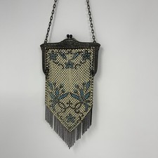 Vintage 1920s Art Deco Enamel Mesh Purse Blue Floral Flapper Cream w/ Fringe