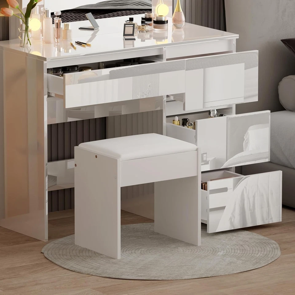 Vanity Dressing Table Set w/ LED Mirror High Gloss 4 Drawers Makeup Desk Bedroom - Image 4 of 4