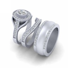 Simulated Halo Diamond Engagement Ring Wedding Band Set 3Pc Matching Couple Set