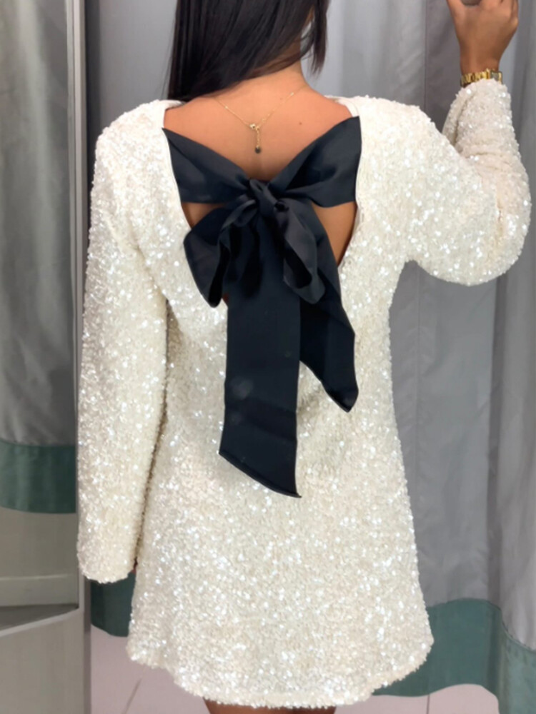 h&m white sequin bow back dress Girls - White/Black Bow-Detail Sequined Dress - Size: 2-3Y