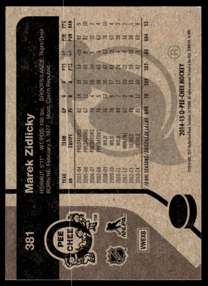 2014-15 O-Pee-Chee RETRO Marek Zidlicky New Jersey Devils #381 R54 - Image 2 of 2