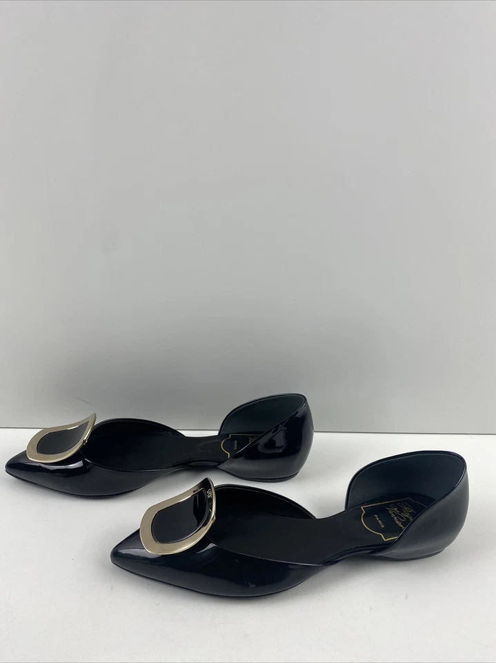 Roger Vivier Black Patent Leather Pointed Toe D'orsay Buckle Ballerina Flat 35.5 - Image 4 of 4