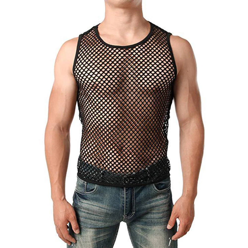 Soft Vintage 80s Mens Mesh Fishnet Sleeveless Tank Top Lingerie Underwear  A-Shirt #849