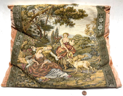 VTG People And Sheep Victorian Tapestry Pillow 19 x13.5 