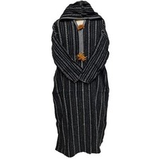 Moroccan Grey Black 3-Quarter Length Striped Wool Blend Hooded Thobe Djellaba