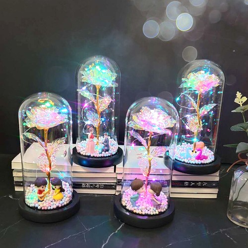 Gold Foil Rose LED Light Artificial Flowers In Glass Dome Lamp Christmas Gift US - Picture 4 of 15