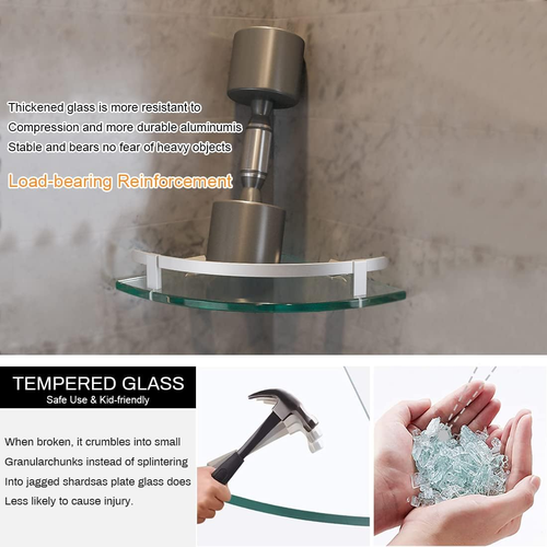 Bathroom Shelves, Glass Shelf Wall Mounted Glass Corner Shower Shelf with Alumin - Picture 4 of 12