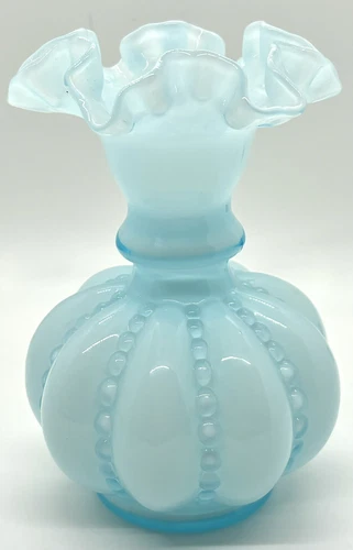 Vintage Fenton Light Blue Overlay Art Glass Melon Ruffled Vase 6” Tall