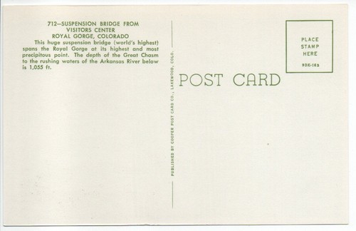 Suspension Bridge Visitors Center Royal Gorge CO Mid Century Postcard Unposted - Picture 2 of 11