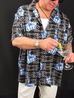 Hawaiian Aloha Shirt Pineapple Connection Black Blue Hibiscus Rayon Men's XL H14
