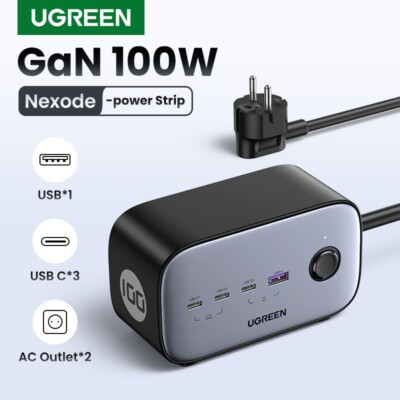 UGREEN 100W Fast Charger Power Strip, 5-Port Desktop Charging Station, Black