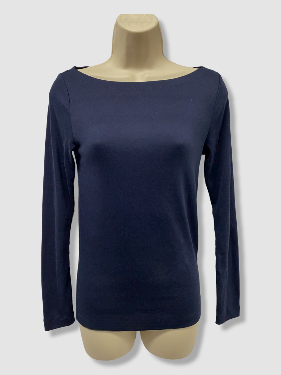 $50 Gap Women's Blue Long-Sleeve Boat-Neck Ribbed T-Shirt Top Petite Size  PXS