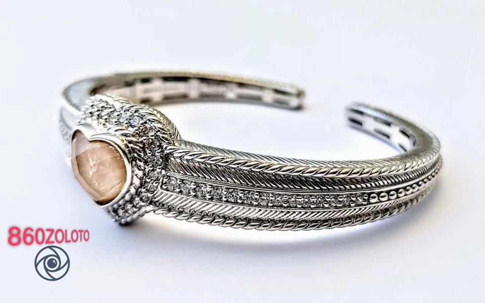 NEW RIPKA RETIRED 925 SILVER SMOKY QUARTZ HEART DIAMONIQUE HINGED CUFF BRACELET - Image 3 of 4